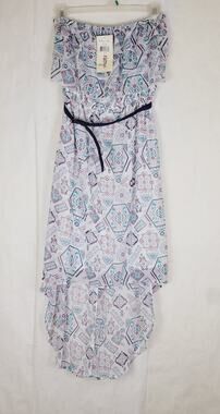 New Olsenboye white blue geometric off shoulder ruffled hi lo dress size XL Boho